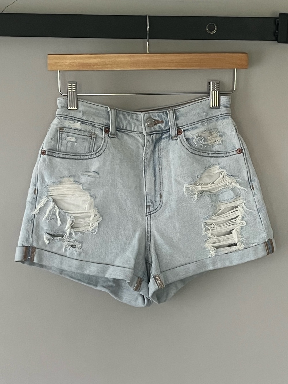 American Eagle Outfitters Light Blue Distressed High-Rise Jean Shorts
